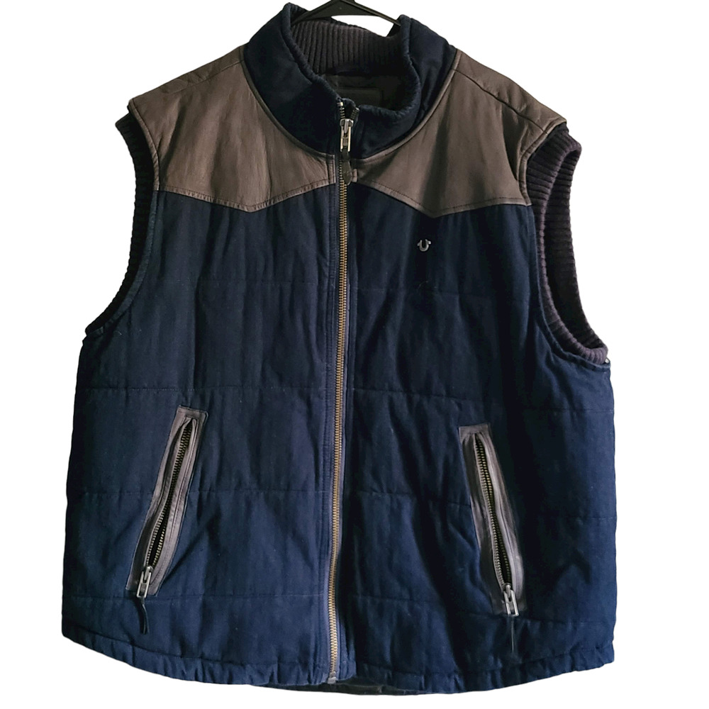 TRUE RELIGION Puffer Vest Blue Denim Leather Trim‎ Quilted M1WB015EG Size 3XL